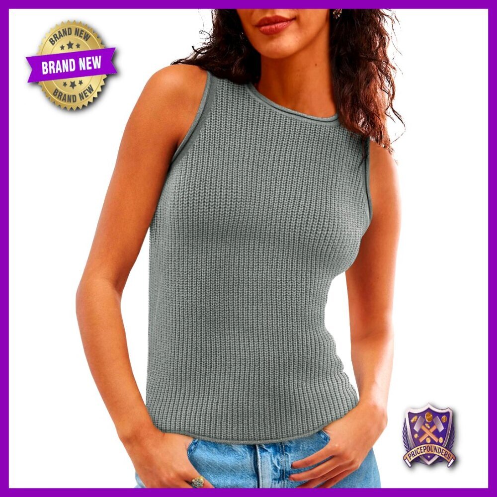 Sleeveless Sweater Vest Ribbed Knit Loose Fit Crewneck Lightweight Summer